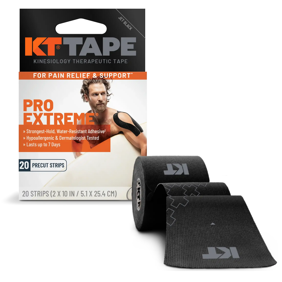 KT Tape Pro Extreme maximum strength kinesiology tape in Jet Black - 20 precut strips for intense athletic support#color_jet-black
