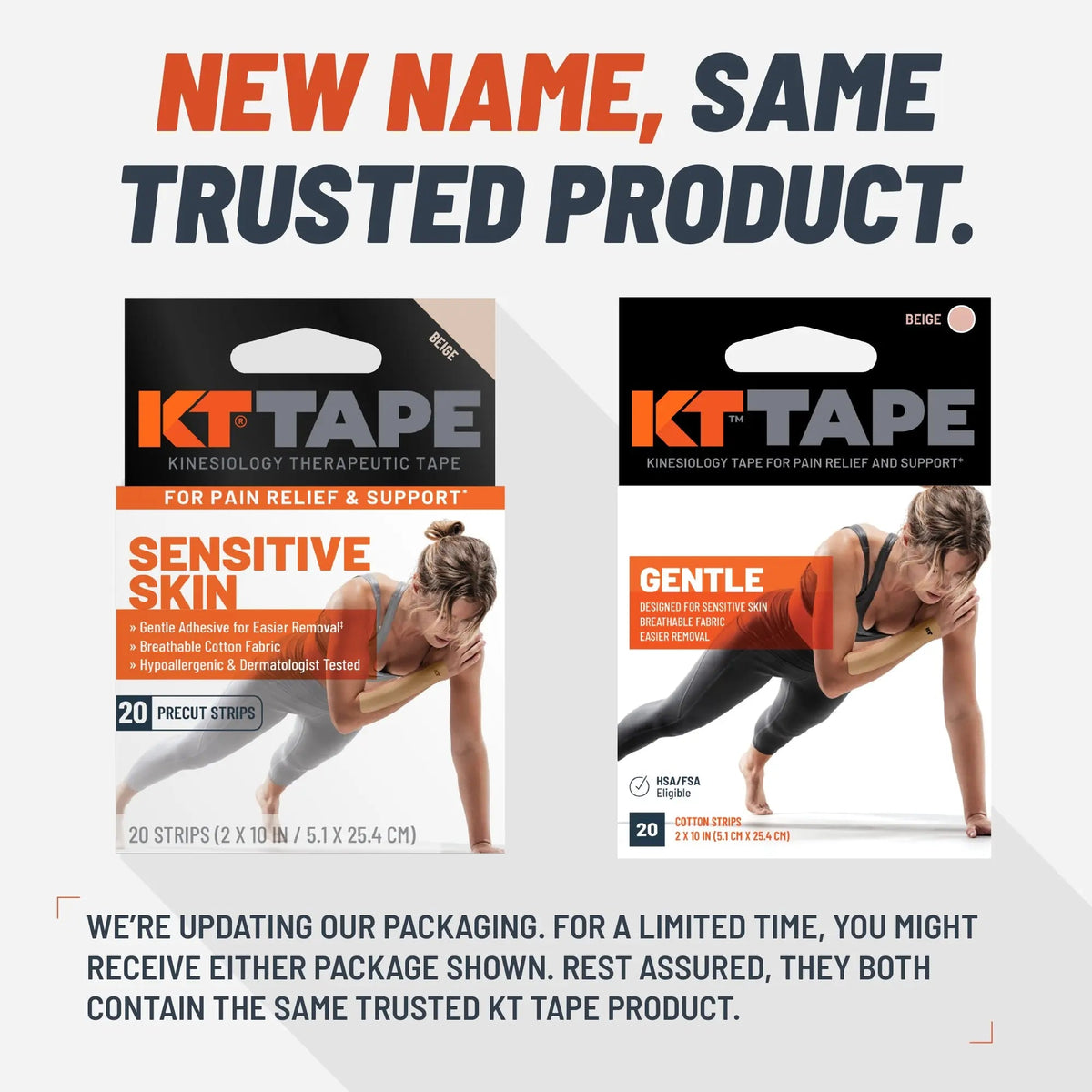 KT Tape packaging with text about a new name and same trusted product on a white background.