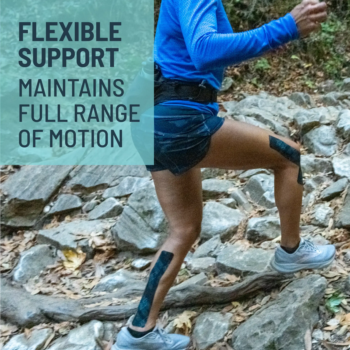 Person wearing a KT Tape Muscle & Joint Pain Relief Tape while hiking on a rocky trail with text about flexible support.