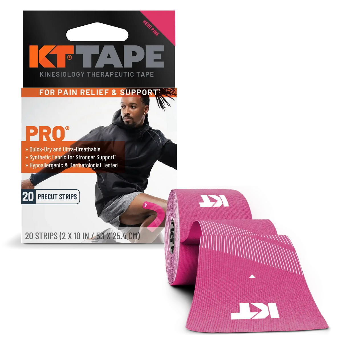 KT Tape Pro water-resistant synthetic kinesiology tape in Hero Pink - 20 precut strips for muscle support and pain relief#color_hero-pink